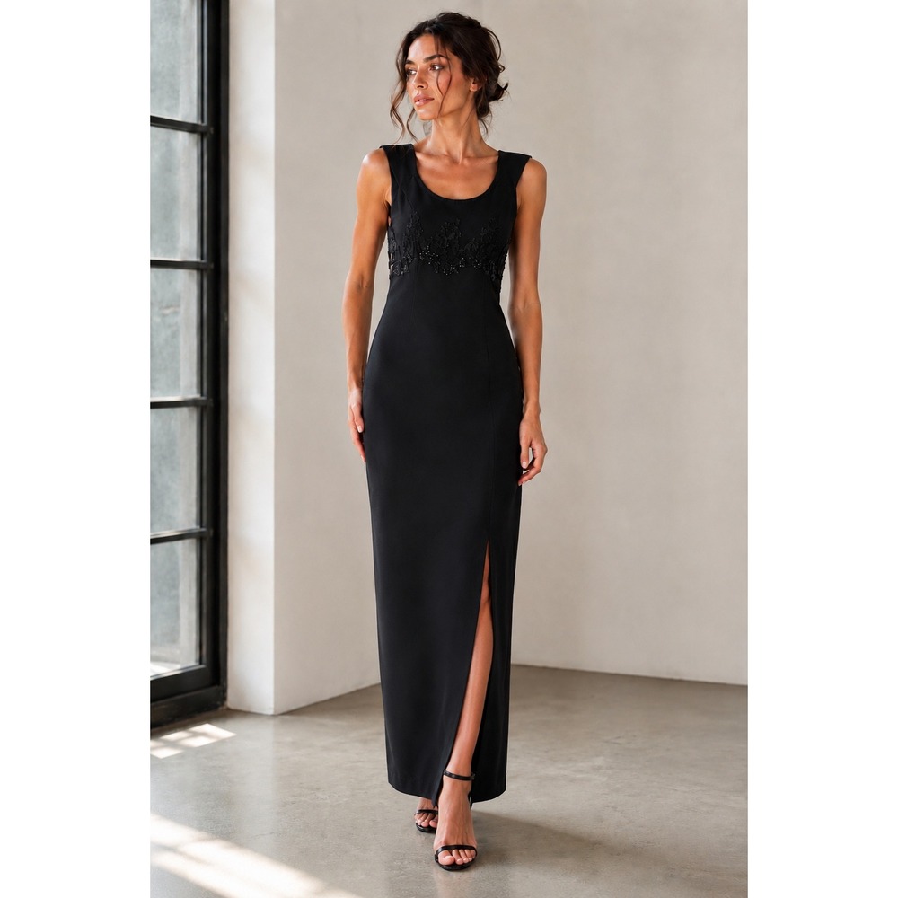 Carole Little Vintage 90s Black Beaded  Dress Sleeveless Evening Gown Size 4